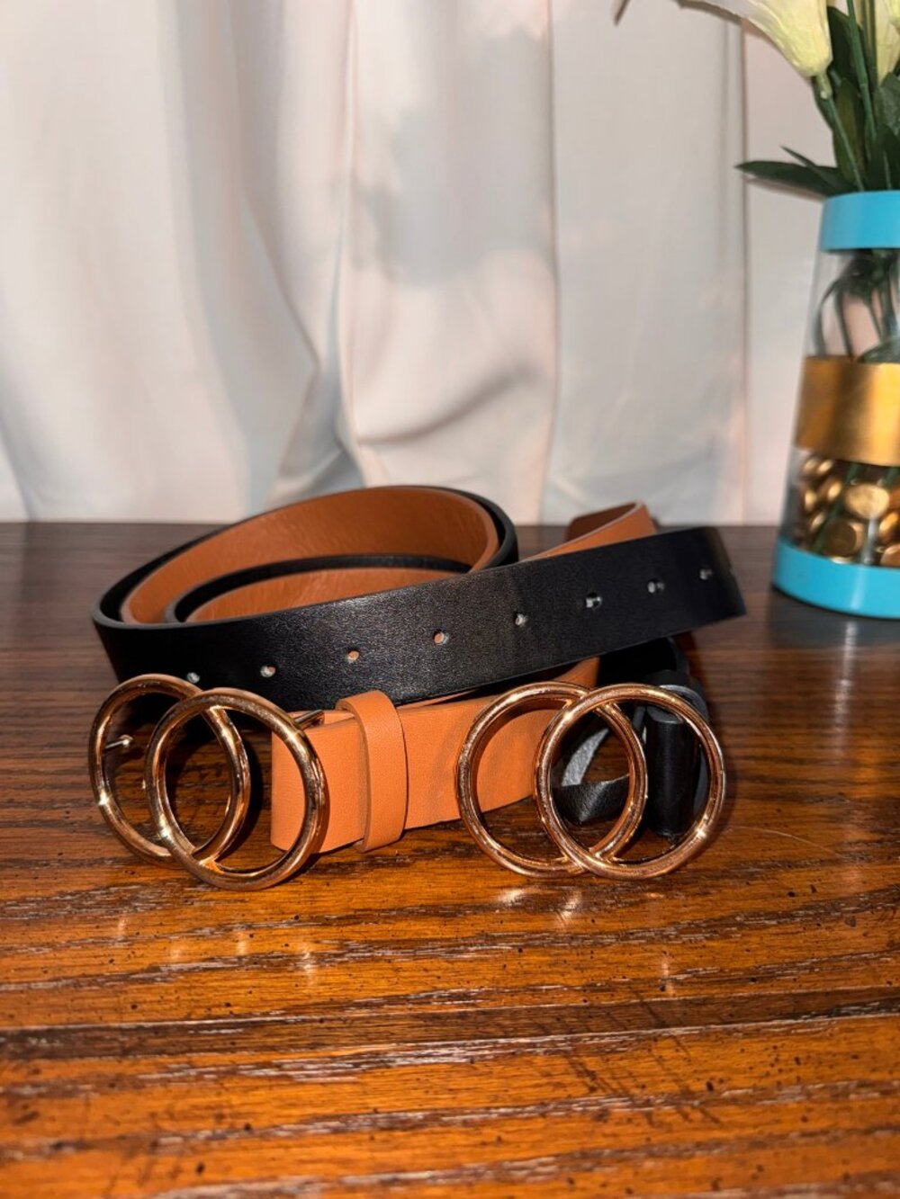 Set of 2 Women's Double O-Ring Buckle Belts Black Tan NWOT